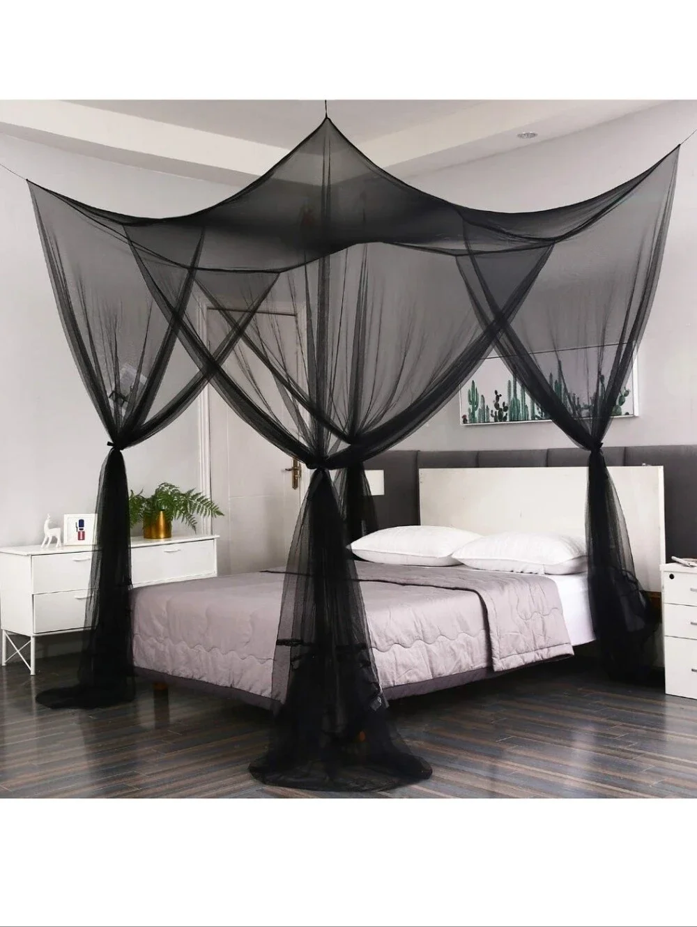 Black Canopy Bed Net - Elegant Four-Posts Bed Draping